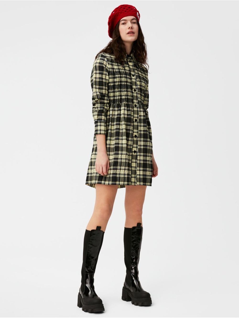 Ganni Seersucker Plaid Shirt Dress